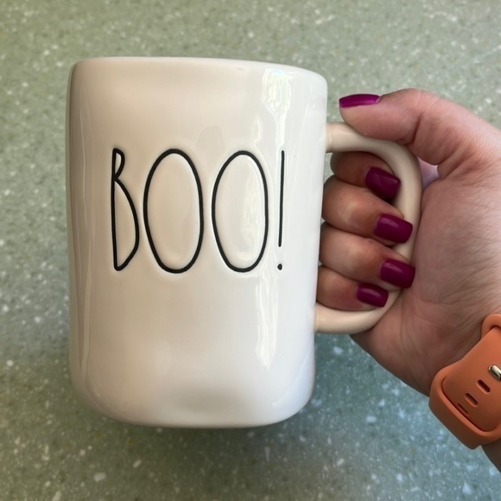 White Rae Dunn Boo! Mug with Orange Interior